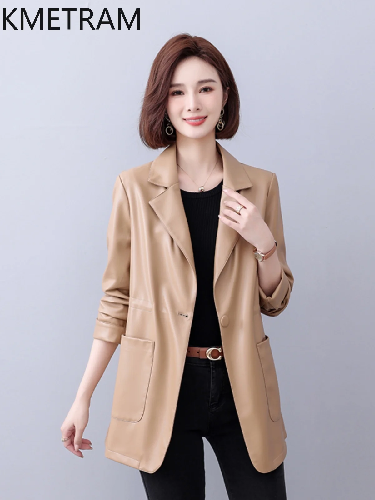 KMETRAM Real Sheepskin Leather Womens Jacket High Quality Autumn Women's Clothing Mid Length Coats Korean Suit Chamarra Mujer