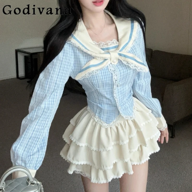 

Весенне-осенняя униформа колледжа JK, милая возрастная клетчатая рубашка с темно-синим воротником, модные комплекты трапециевидной юбки принцессы с высокой талией