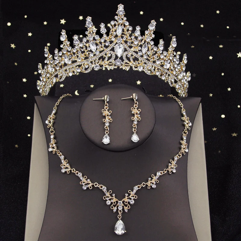 Luxury Silver Color Crystal Water Drop Bridal Jewelry Sets Rhinestone Tiaras Crown Necklace Earrings Wedding Dubai Jewelry Set