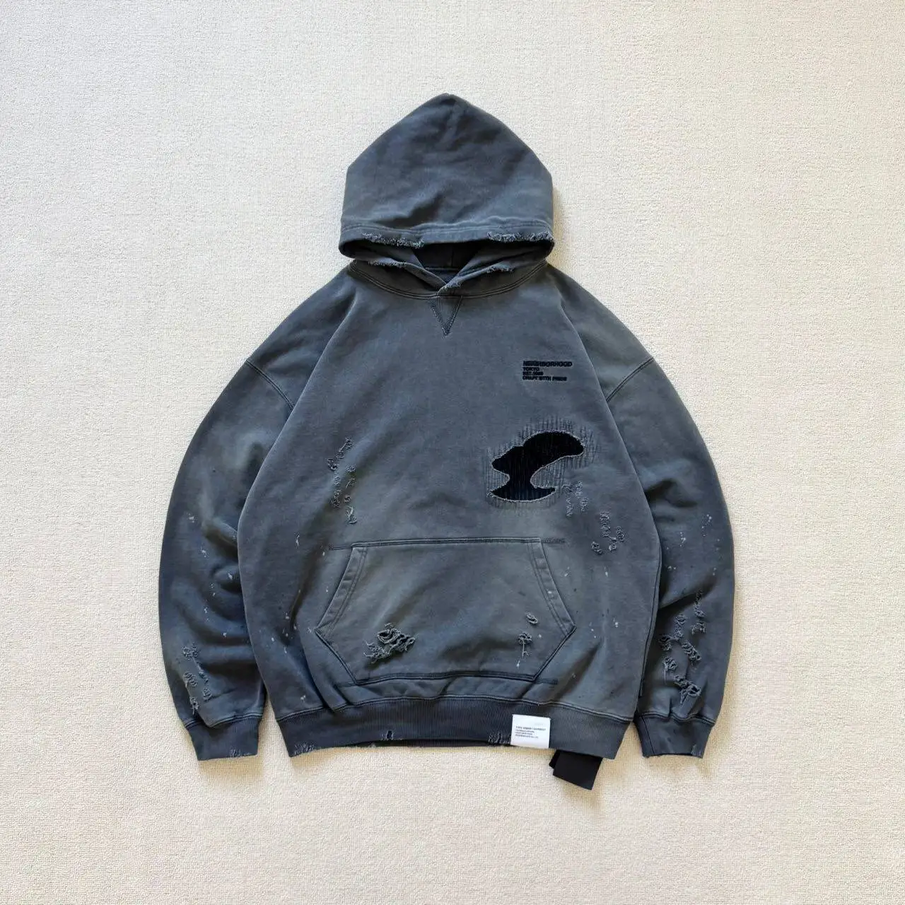 NBHD SAVAGE Blockbuster Vintage Washed Ripped Patch Hooded Sweater