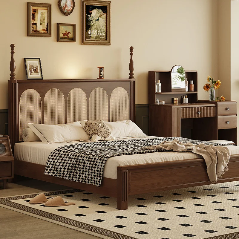 Cama de madeira maciça de nogueira, cama moderna e simples de madeira maciça