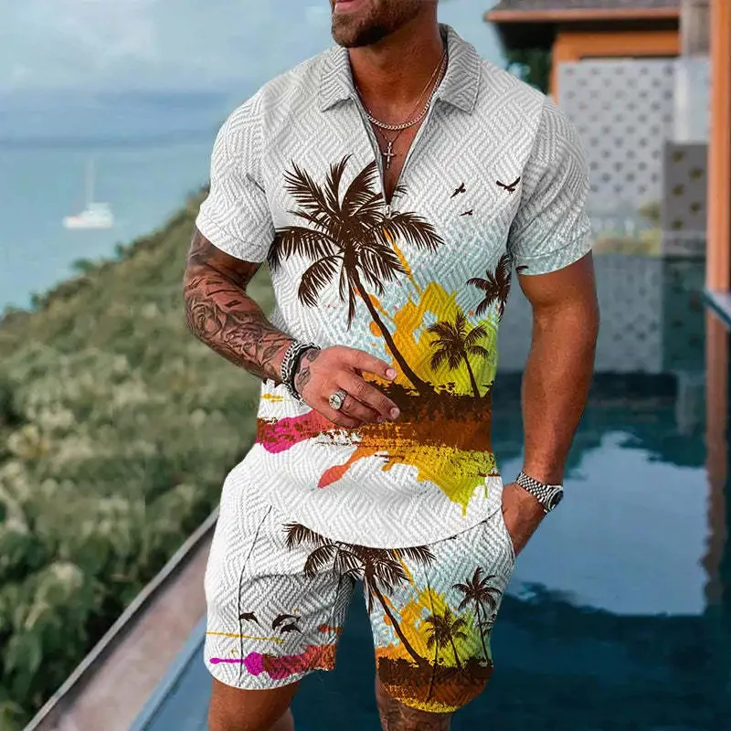 Terno esportivo casual estampado em 3D masculino, estilo retrô simples, polo de manga curta, calção de praia, agasalho, verão, conjuntos de duas