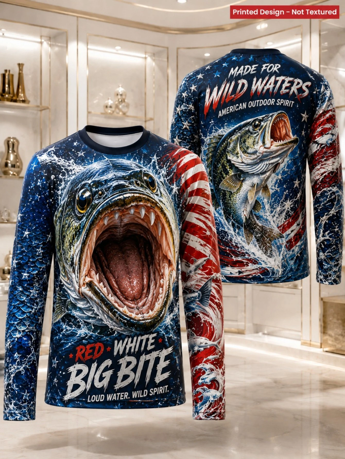 Men Wild Water Big Mouth Bass Graphic Print Long Sleeve Jersey Outdoor Fishing Adventure Family Matching Casual Sport Top