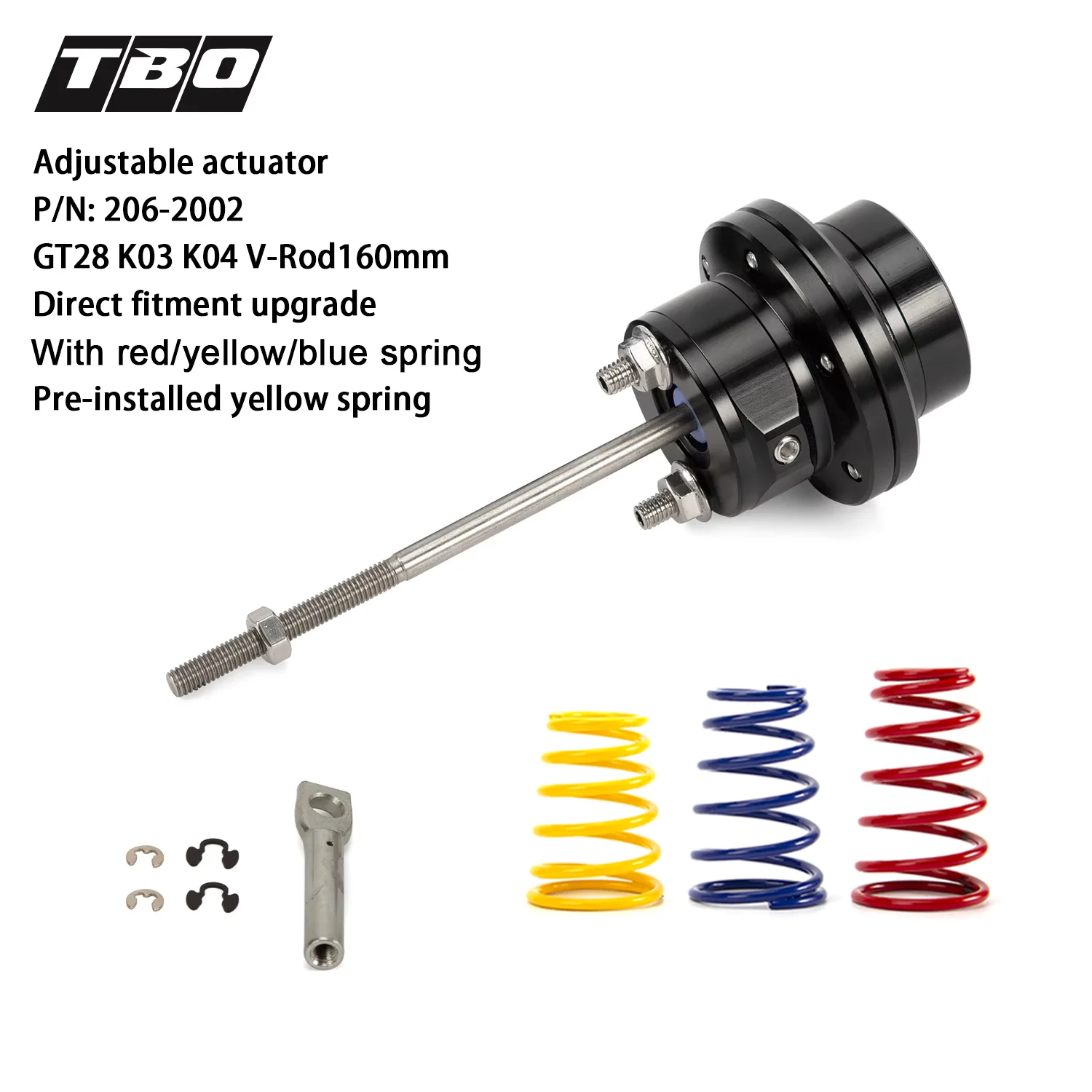 

Turbo Wastegate Adjustable Actuator V-Rod160mm For GT28 K03 K04 Turbo Direct Fitment With Green/Yellow/Blue Spring