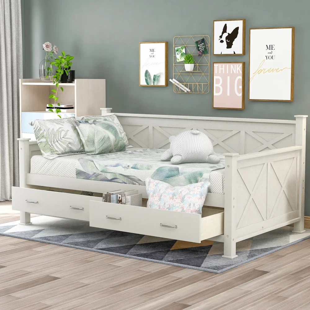 Twin Size Daybed with 2 Large Drawers, X-shaped Frame, Modern and Rustic Casual Style Daybed,Gray Children Bed Girl Princess Bed