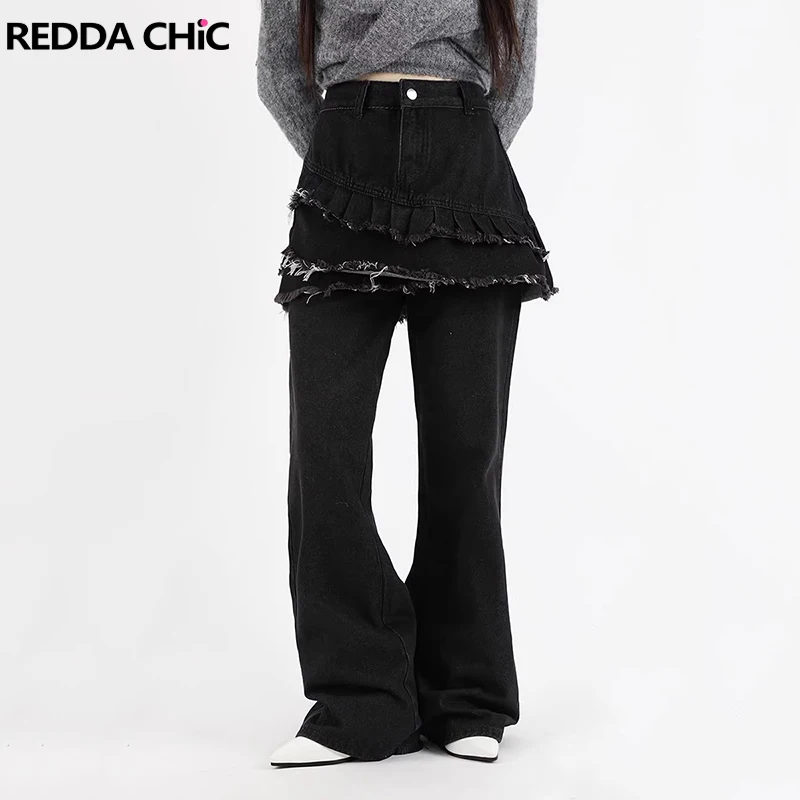 

REDDACHiC Skirt Overlay Black Flare Jeans Women Fake Two-piece Raw Hem Denim Wide Leg Pants High Rise Trousers Y2k Retro Clothes