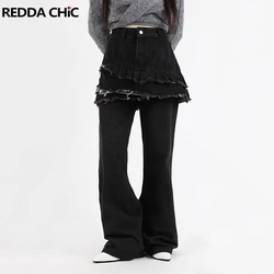 REDDACHiC Skirt Overlay Black Flare Jeans Women Fake Two-piece Raw Hem Denim Wide Leg Pants High Rise Trousers Y2k Retro Clothes