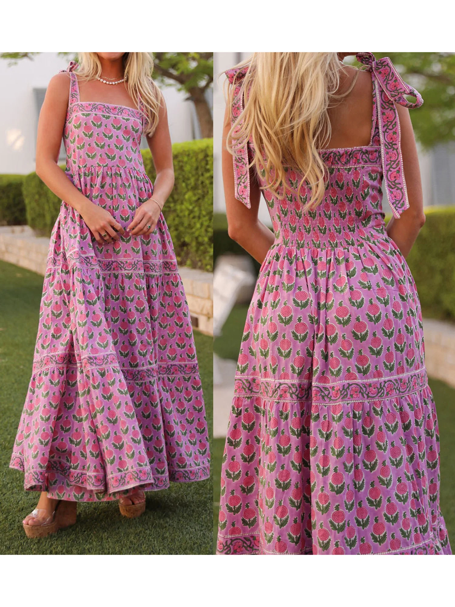 Vestido largo elegante con estampado floral para mujer con tirantes finos en morado - Vestido camisola de verano sin mangas