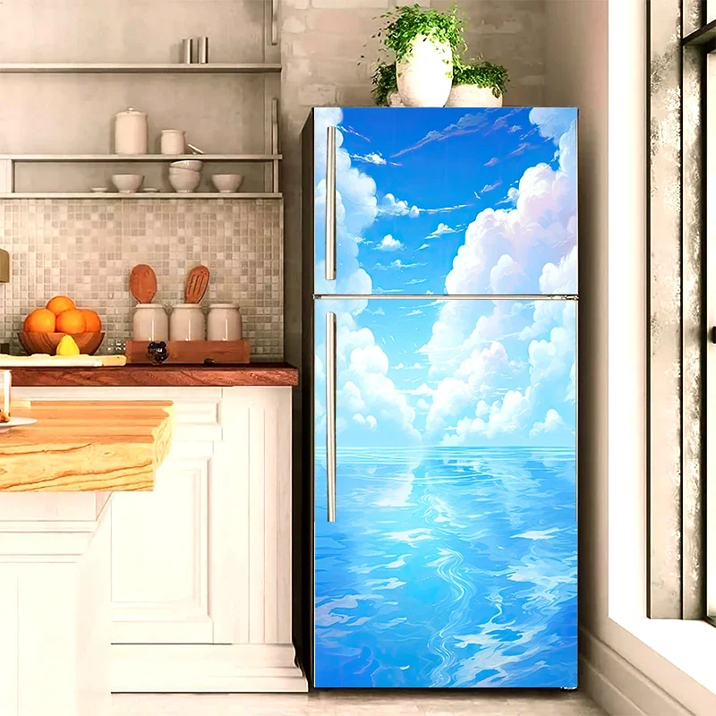 Anime Beach Refrigerator Stickers Waterproof Self-Adhesive Decals Removable Aesthetic Ocean Fridge Wrap for Kitchen Home Decor