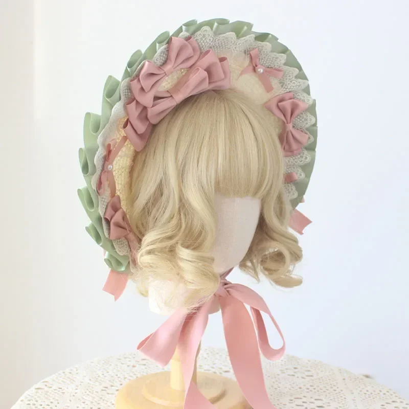 Pink Green Classic Straw Hat Lolita Girl Lace Bowknot Bonnet Flat hat Tea Party Gorgeous Fairy All-match Women Children's Cap