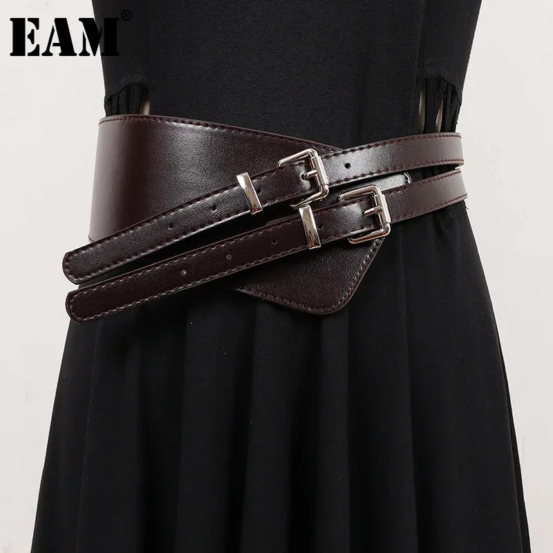 

[EAM] Pu Leather Coffee Double Buckle Long Wide Belt Personality Women New Fashion Tide All-match Spring Autumn 2024 1DH7247