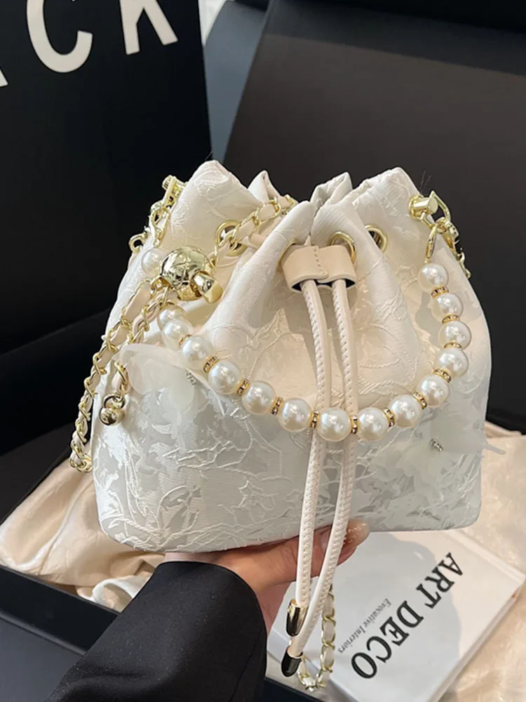 

Fashionable Embroidered Pearl Bucket Bag Trendy Shoulder Bag Versatile Crossbody Bag for Young Women Nylon Zipper Closure