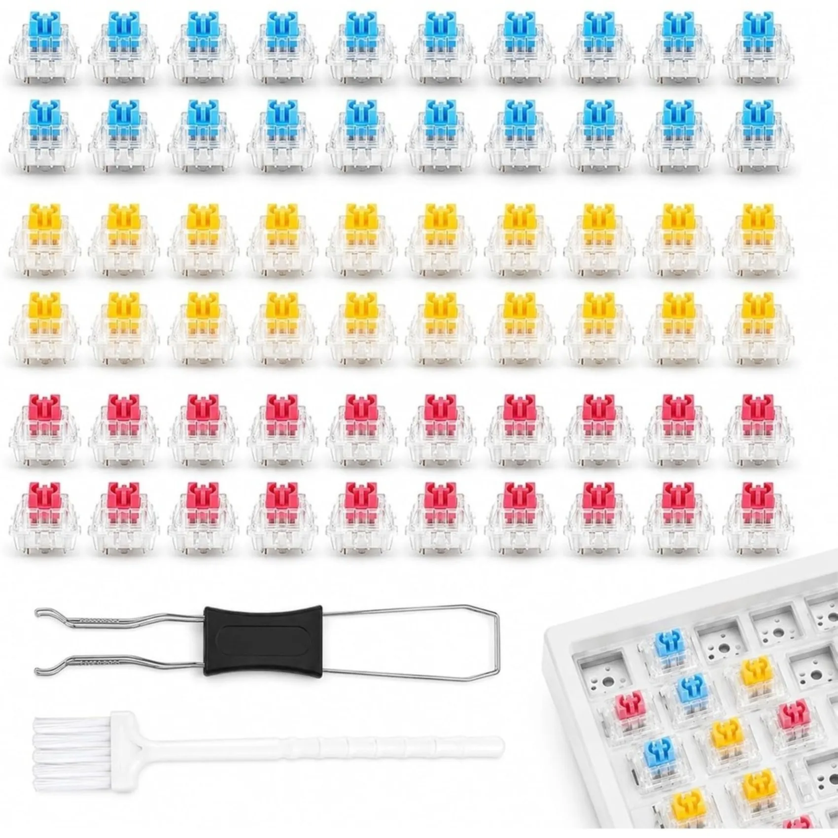 B48A For 3D Printing Compatible 60 PCS Keyboard Clickers Set Including Tweezers And Brush, Blue+ Yellow+ Red Keyboard Switches