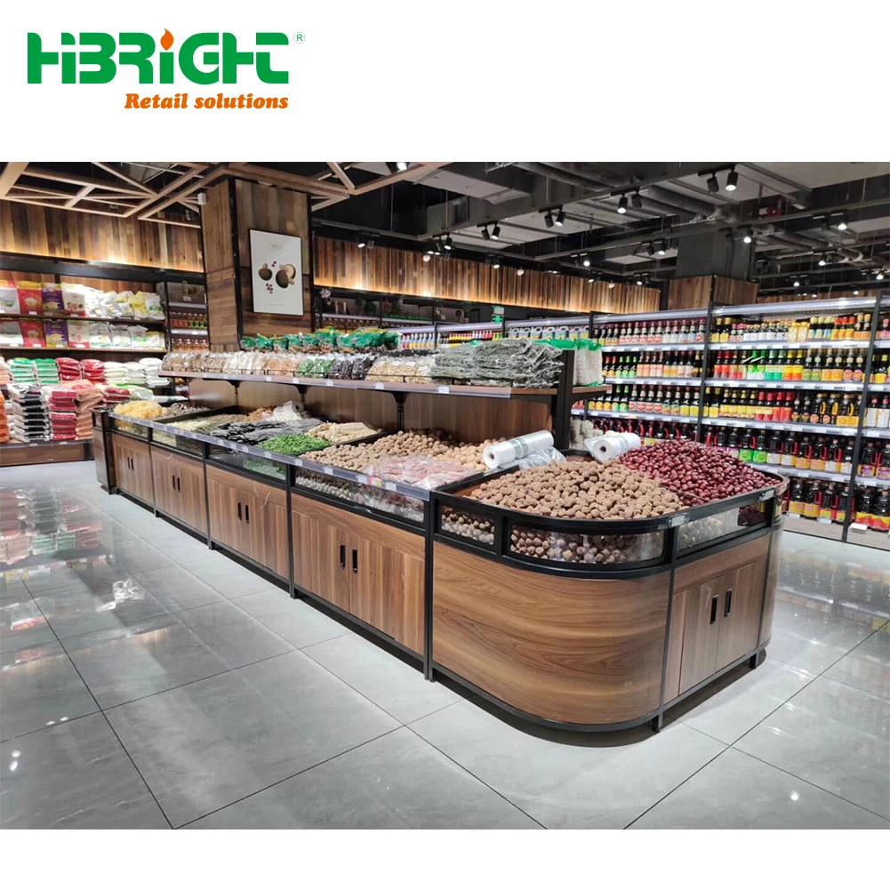 

Customized Supermarket Rice Shelves Wooden Nut Grains Display Rack, Dried Fruit Display Stand