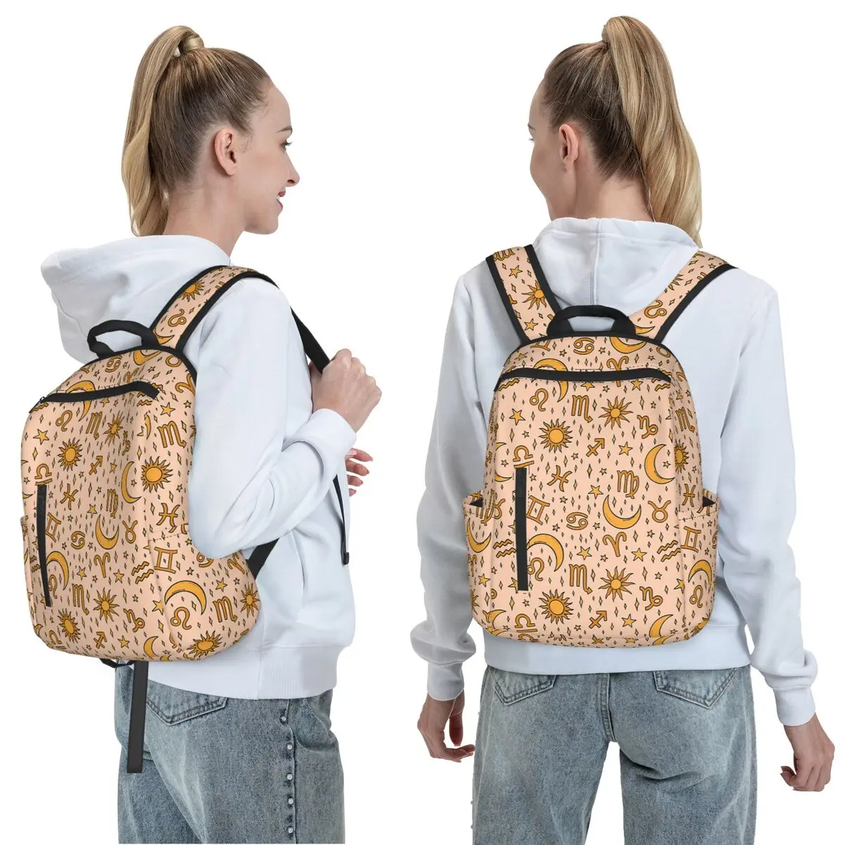 Zodiac Sun And Star Print In Cream Backpack Daypack Large Capacity Children BookBag School Bag Shoulder Bags for Men Women