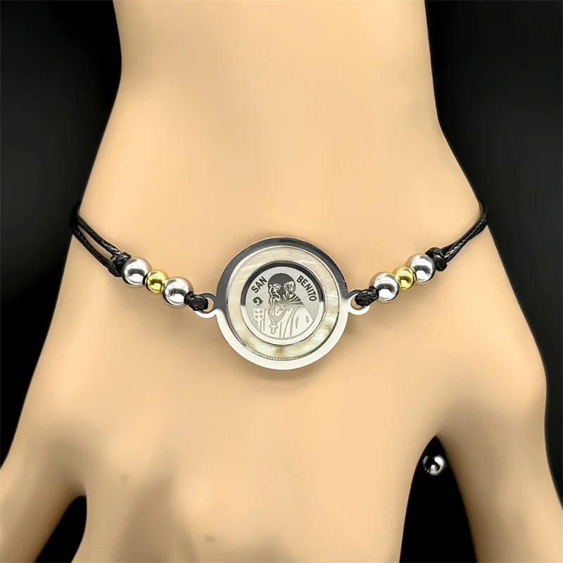 

Stainless Steel San Benito Shell Medal Charm Bracelet for Women Men Saint Benedict Woven Rope Adjustable Chain Bracelet Jewelry
