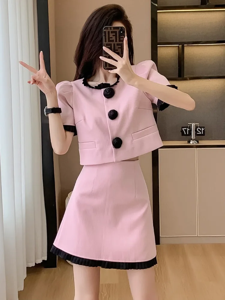 Women Elegant Vintage Fragrant Pink Suits New Chic Short Jacke Coat Top + Mini Skirt Two Piece 2024 Summer Lady Y2K Sweet Outfit