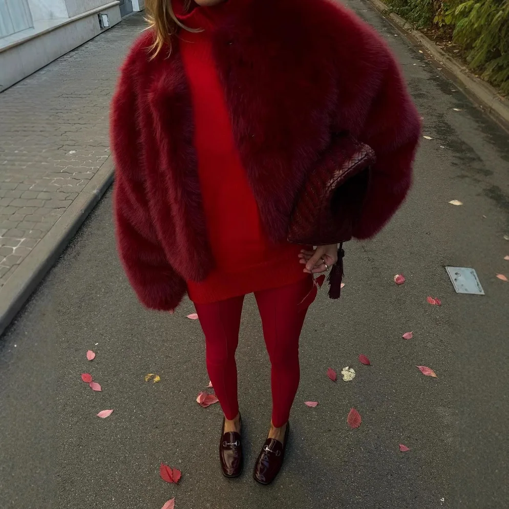 2025 outono inverno novo angora vermelho pele do falso casaco curto feminino solto grosso quente moda desin curto topo