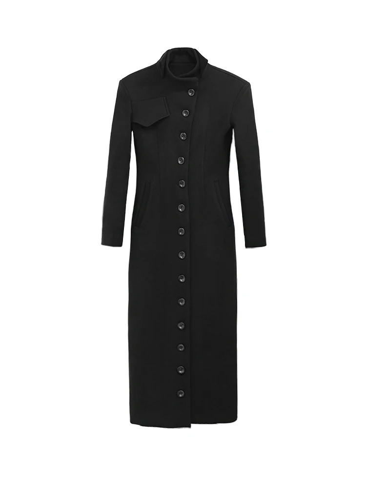 

Ele Bla шерстяное пальто с воротником-стойкой, женское зимнее утягивающее длинное пальто с застежкой на талии, модное корейское пальто из полиэфирного волокна