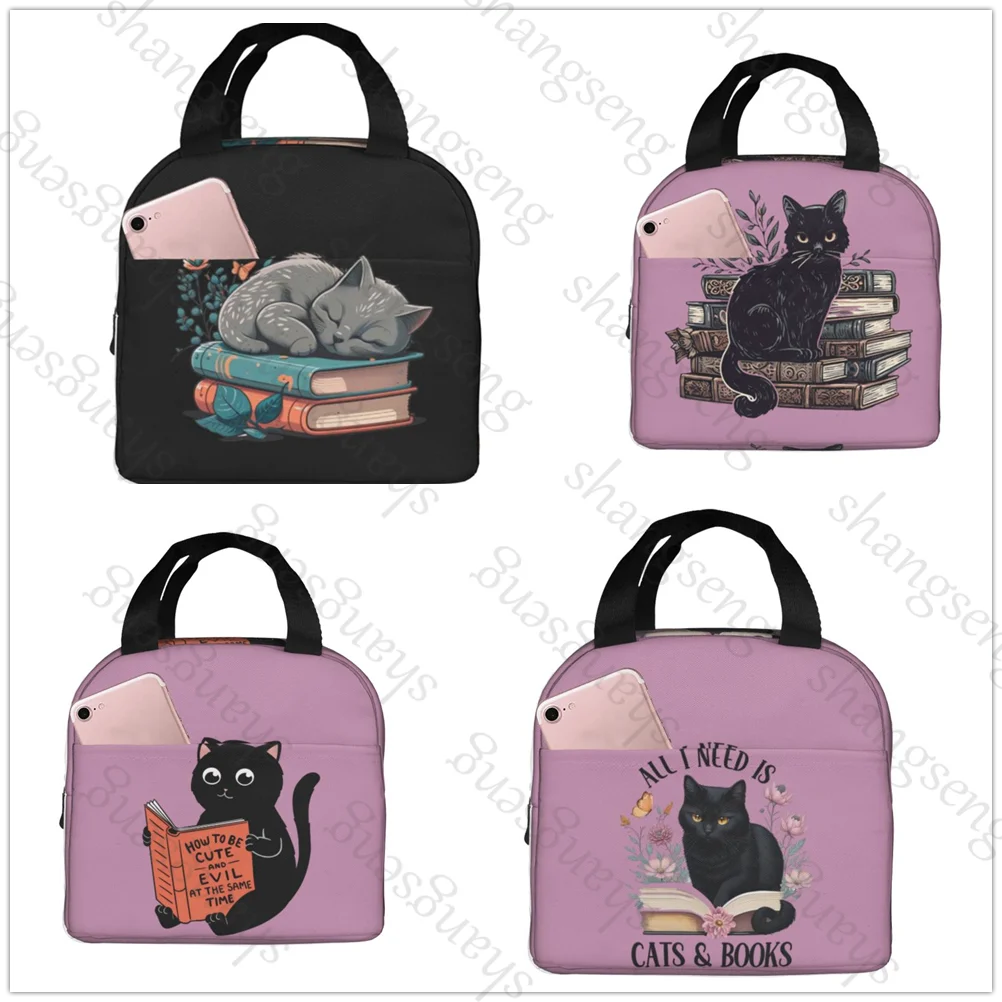 

Fashion Cat with Books Print Insulated Thermal Bag Lunch bag Foods Drink Storage Leakproof Picnic Camping Bags Box beach