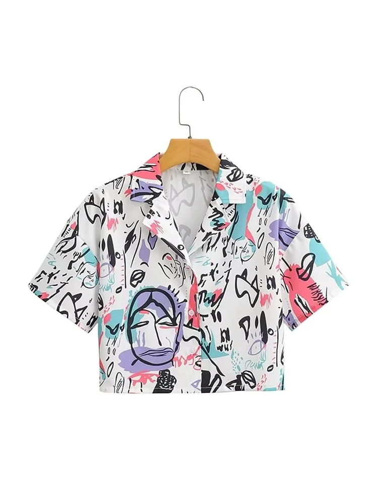 Evfer Summer Fashion Ladies Streetwear Short Shirts Girls Stylish Pating Print Blouse Womens Casual Single Breasted Loose Tops