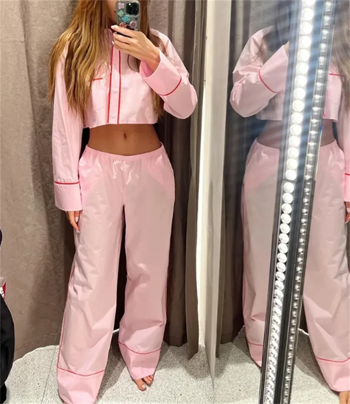 Woman\'s Fashion Pink Suits Long Sleeves Turn-Down Collar Single Breasted Shirt Wide Leg Long Pant Elegant 2024 2 Piece Set