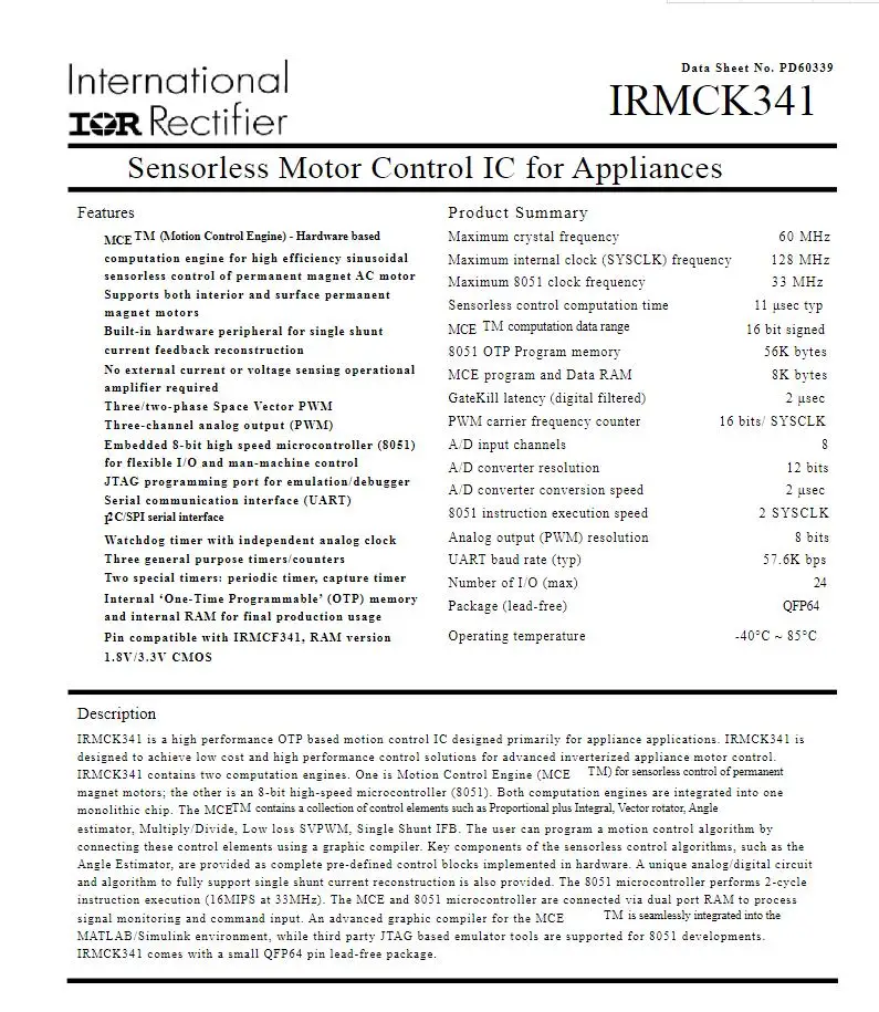 IRMCK341 IRMCK341TR IRMCK341TY TQFP64 Sensorless Motor Control IC for Appliances 100% new imported original 100% quality