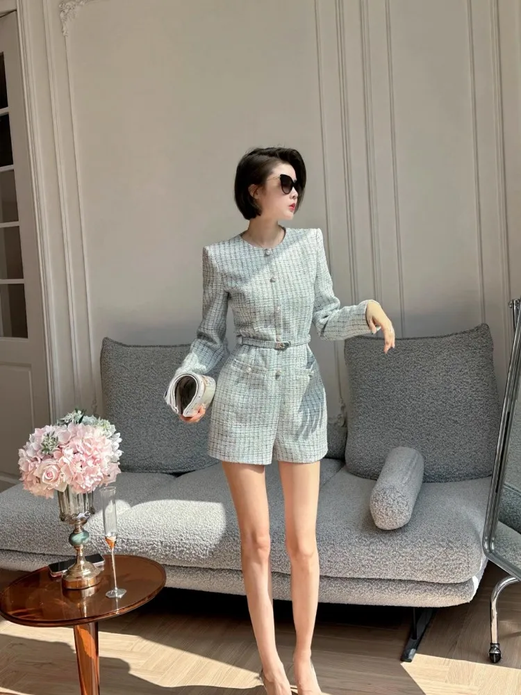 Elegant Office Ladies Long Sleeve Spring One Piece Tweed Playsuit Sashes High Waist High Quality Women Designer Short Jumpsuit