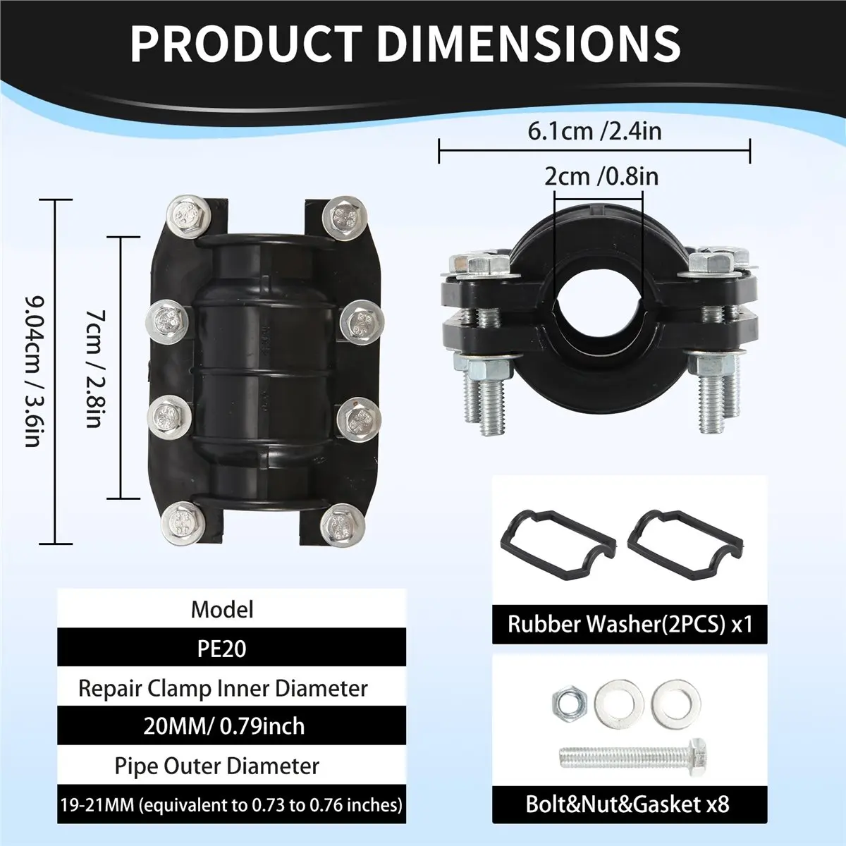 HGHO Pipe Repair Clamp 3/4 Inch, Water Pipe Leak Repair Clamp, Pipe Repair Kit, Suitable for Outer Diameter 20mm Pipes