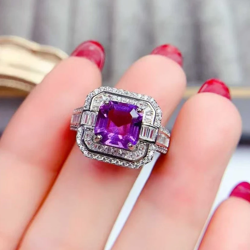 

Luxury 925 Silver Ring Natural Amethyst Ring for Party 8mm 2ct Genuine Amethyst Silver Jewelry