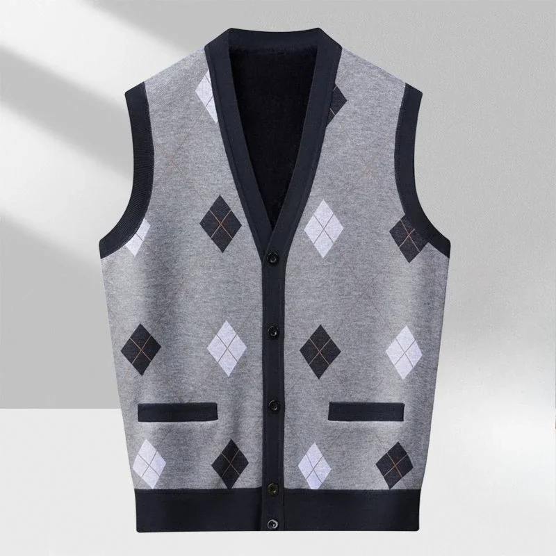 Men's Plaid Knitted Cardigan 2025 New Fleece Lined Autumn Winter Vest Loose Casual for Mature Work Top Popular Retro