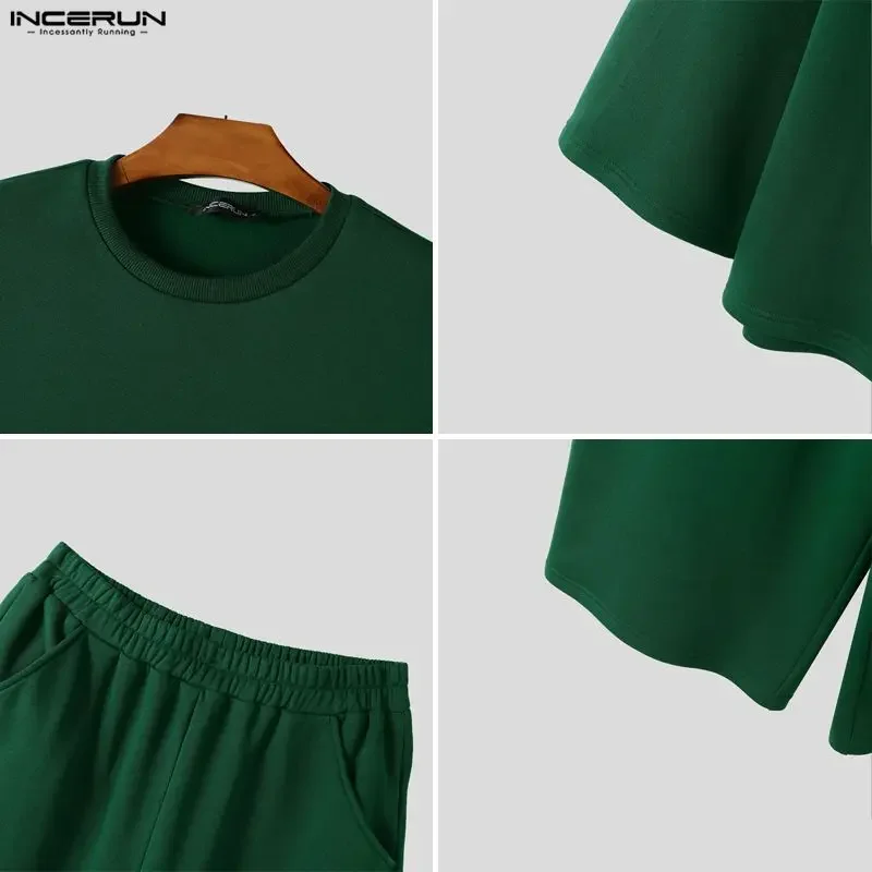 INCERUN Men Sets Solid Color Baggy 3/4 Sleeve Hoodies & Calf-length Pants Two Pieces Sets Streetwear Loose Fashion Men's Suits view 6