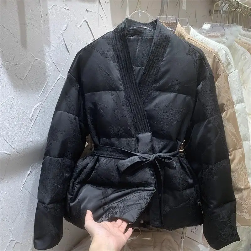 

Autumn and Winter New Women's Cotton Jacket V-neck Printed Lace Up Cotton Jacket