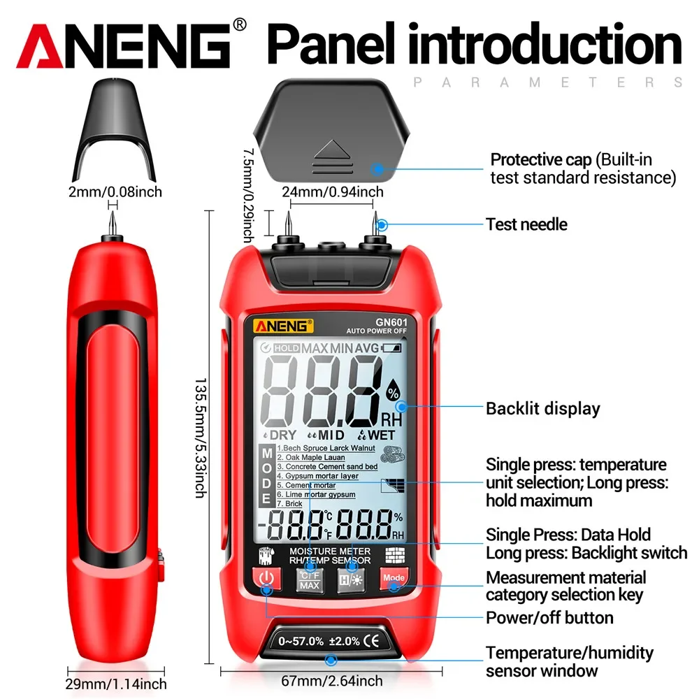 ANENG GN601 Probe Wood Moisture Detector 0~99.9% Timber Hygrometer 20.5% RH Display Digital Backlight Temperature Humidity Meter