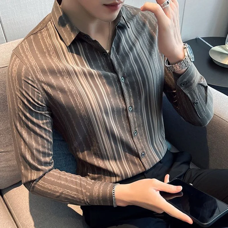 Fashion Lapel Button Loose Printed Striped Shirts Men\'s Clothing 2023 Autumn New Oversized Casual Tops All-match Shirt