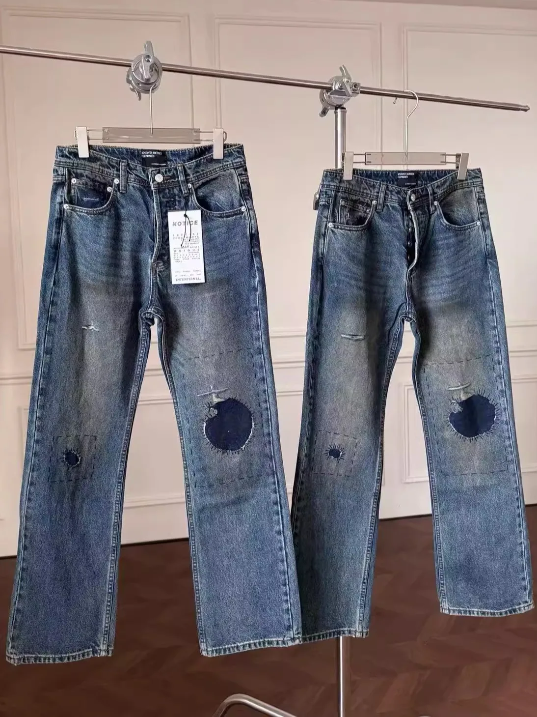 

Waed out Distred Denim Jeans with Patches Micro Flare Slim Fit for Men Casual Sle l Waist Cotton Zipper Closure