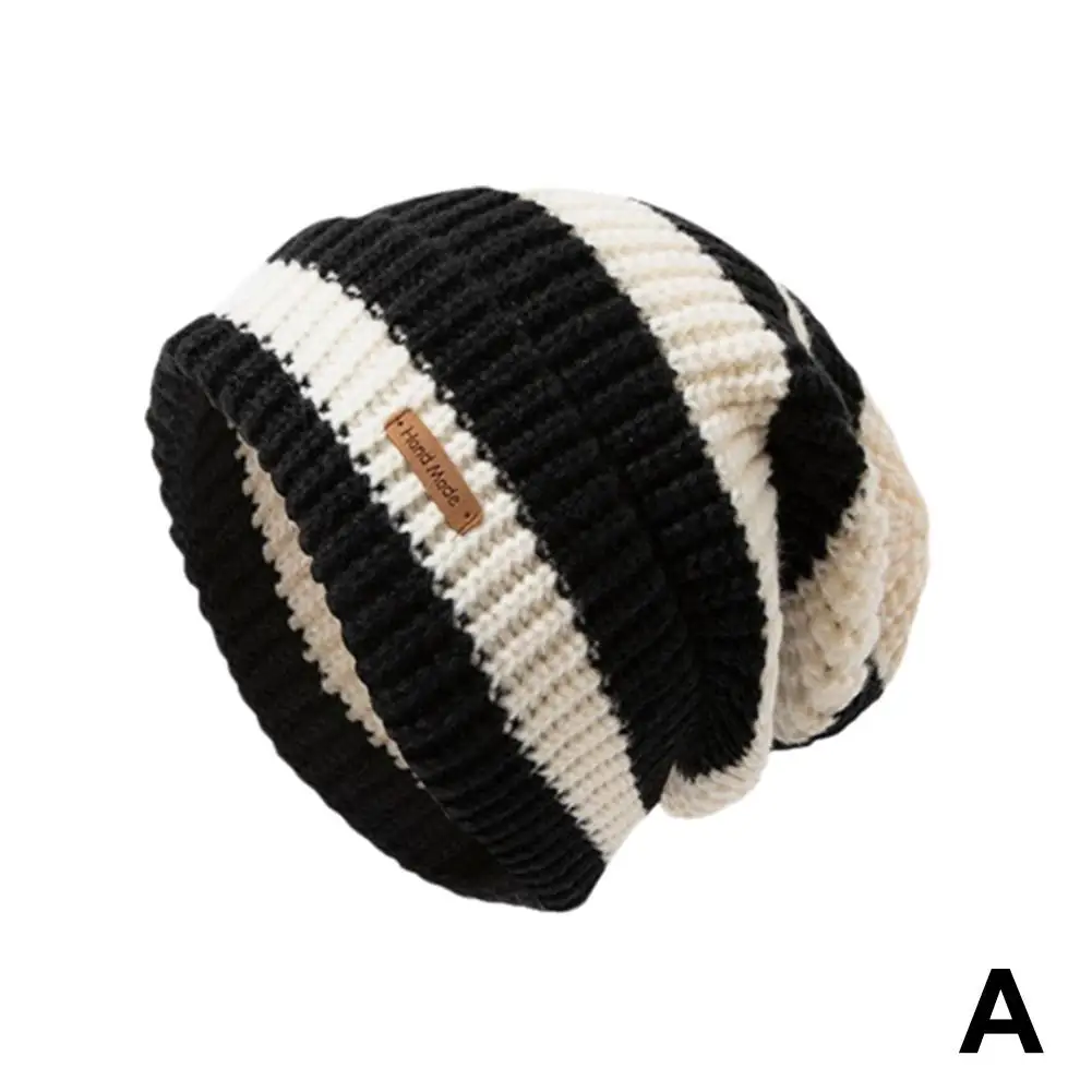 Winter Women's Japan Style New Leather Label Striped Hat Versatile Knitted Knitted Loose Waist Idol Hat Same Style Fashiona K2h2