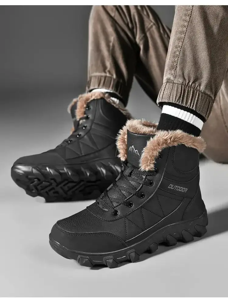 

2024 New Men's Winter Leather High Top Snow Boots Thick Bottom Non Slip Thickened Plush Warm Big Size Outdoor Cotton Shoes