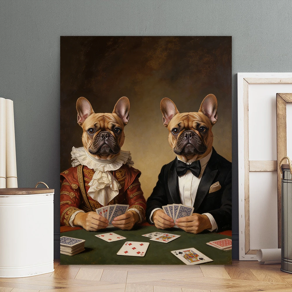 Custom Funny Renaissance French Bulldog Poster Playing Poker Vintage Print Personalized Pet Brush Teeth Canvas Painting Decor