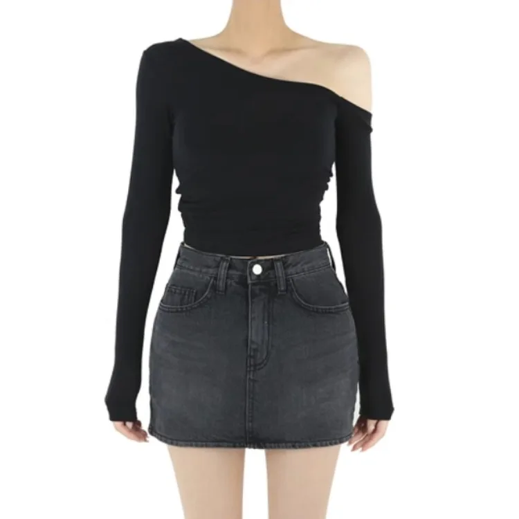 

Сексуальная футболка с длинным свеком и воротником, женская модная футболка с открытыми плечами, корейский облегающий топ из модального волокна для поездок на работу