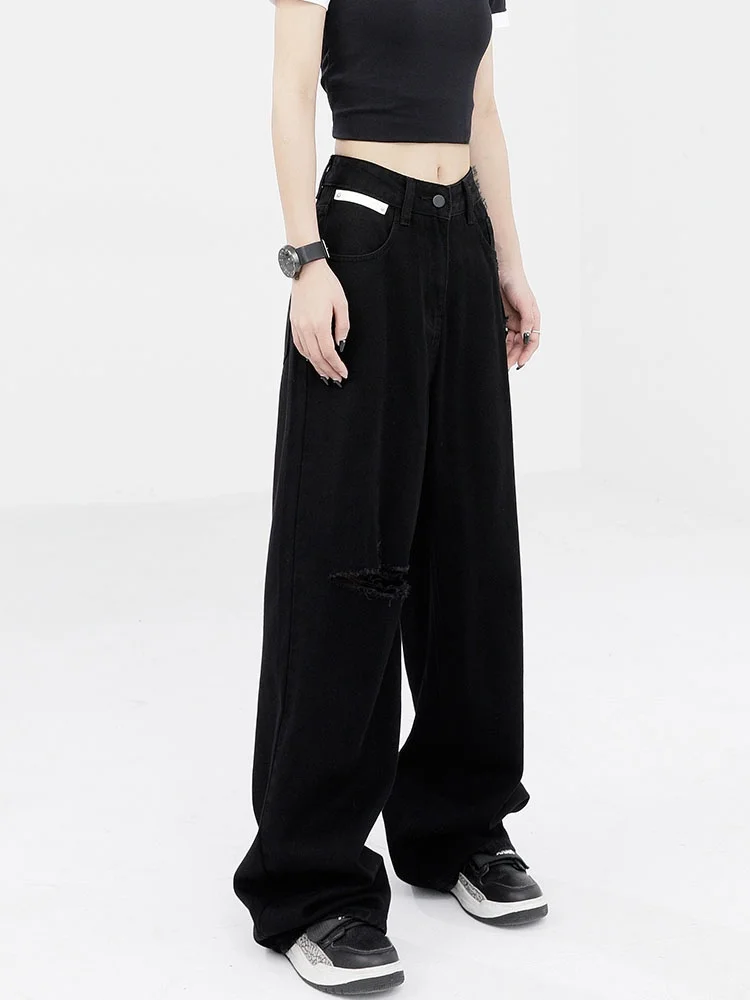 العصرية عالية الخصر واسعة الساق الحرير الدنيم الجينز المرأة رقيقة الصيف شارع العليا الحرير الجليد ممزق الجينز شعور رائع السراويل الطويلة