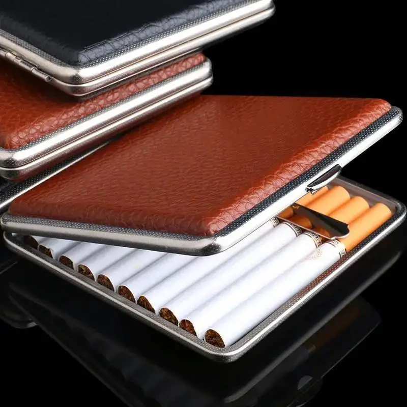 Double-open Leather Cigars Cigarettes Cases Stainless Steel Tobacco Cigarette Boxes Tools for 20 Sticks Cigarette