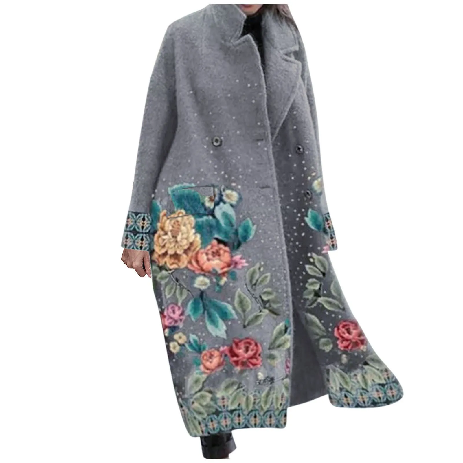 

Мягкое, удобное и теплое зимнее женское пальто с длинными рукавами и большим карманом, однотонное пальто с цветочным принтом и лацканами для отдыха на открытом воздухе