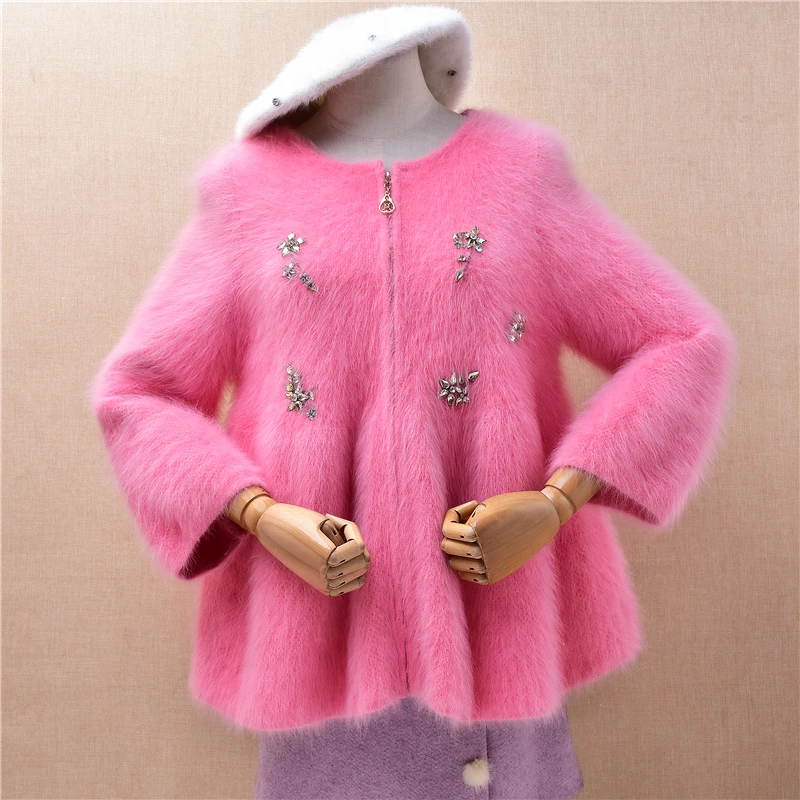 

Женский осенне-зимний модный розовый кашемировый свитер из волосатой норки с рукавами три четверти на молнии, тонкий кардиган, свитер, куртка