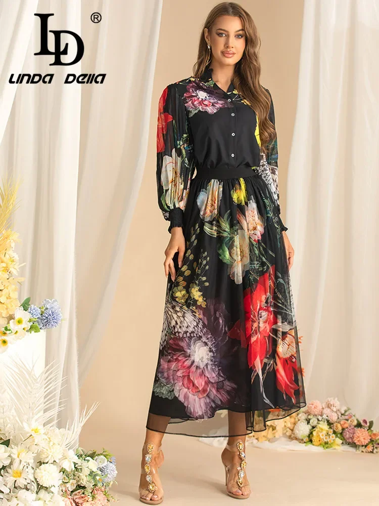 LD LINDA DELLA Autumn Women's Suit Stand Collar Lantern Sleeved Single-Breasted Tops+Elastic Waist Skirt Print 2 piece set - view 5