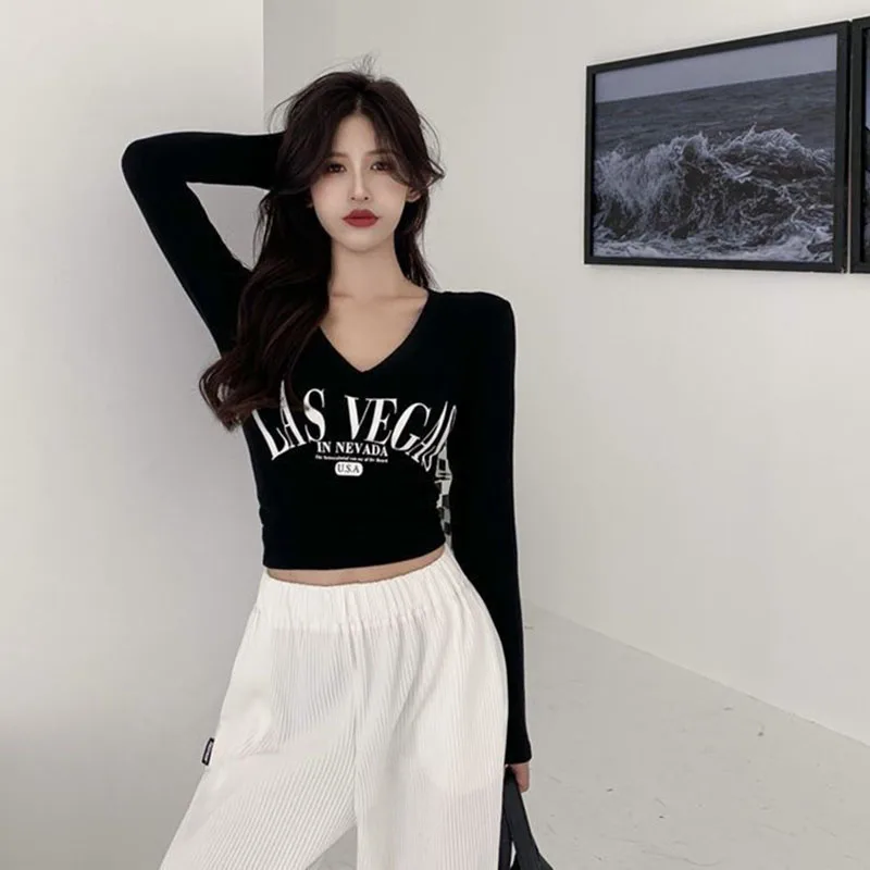 Lucyever Harajuku Letter Printing Crop Tops Women Korean V-Neck Long Sleeve White T Shirts Woman Sexy Slim Fit Y2K Short Tees