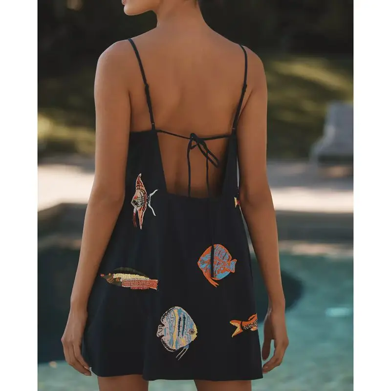 ผู้หญิงฤดูร้อน Y2K Vintage ปรับสายรัด Tie-up Backless สแควร์คอ 3D ปากกายสั้น Mini Cami Slip Dress