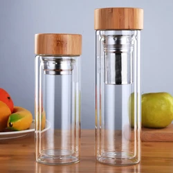 300/400/500ML Double Wall Glass Water Bottle Stainless Steel Filters Bamboo Lid Travel Home Drinkware Tea Infuser Office Tea Cup