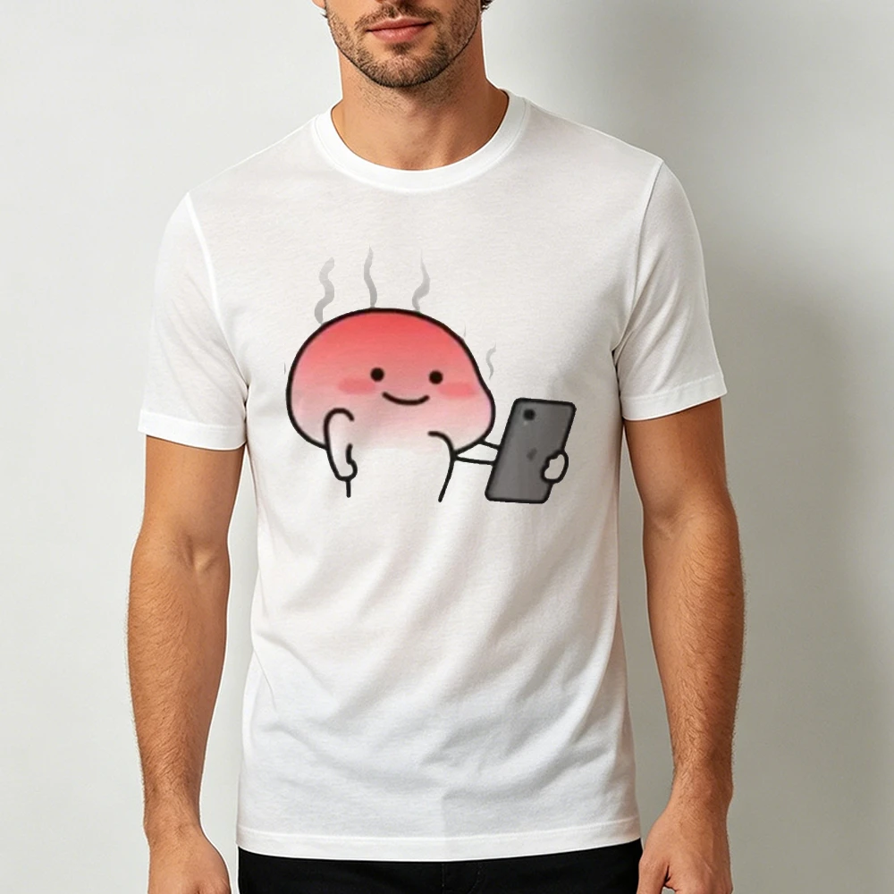 Cute Blushing Pink Ghost Holding Phone Graphic T Shirt Men T Shirt Kawaii Emoji Cartoon Print Top Summer Clothes