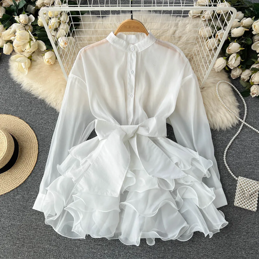 

TARUXY Chiffon Dress For Women 2025 Bandage Ruffle Splice Mesh Long Sleeve Cover-up Woman Beach Sexy Bow Oversized Dresses Femme